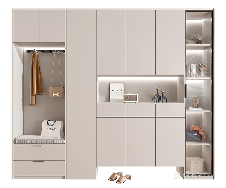 Modern White Shoe Cabinet with Hanging Area Bench Drawers and LED Lighting 3d model 