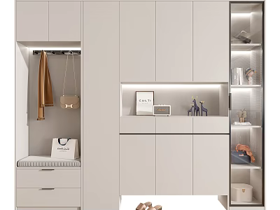 Modern White Shoe Cabinet with Hanging Area Bench Drawers and LED Lighting 3d model
