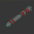 Military Missile Weapon with Red Silver Casing Blue Glowing Section Cylindrical Pointed Tip Rear Thruster