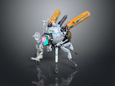 Futuristic Mechanical Insect With Orange Propellers And Colorful Head Lights On Reflective Surface 3d model