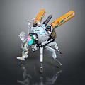 Futuristic Mechanical Insect With Orange Propellers And Colorful Head Lights On Reflective Surface