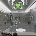 Contemporary Clothing Store Interior With Glass Doors Display Racks Green Walls And Bright Lighting