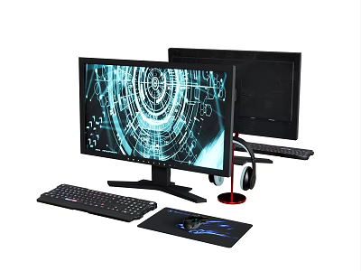 Modern Computer Setup With Dual Monitors Keyboard Mouse Pad And Headphones 3d model