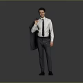 Confident Man In White Shirt And Dark Tie Holding Suit Jacket On Gray Background