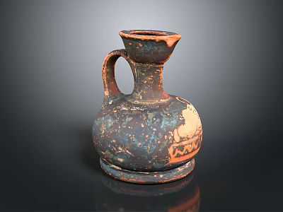 Ancient Ceramic Jar With Narrow Neck Handle And Textured Brown Black Surface 3d model