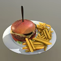Juicy Cheeseburger with Sesame Bun Lettuce Tomato and Golden Fries on White Plate