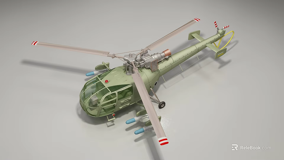 Military Green Helicopter With Rotor Blades Weapon Pods And Cockpit 3d model 