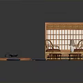 Japanese Style Wooden Furniture Collection With Bamboo Screen Tatami Mat And Red Cushioned Chairs
