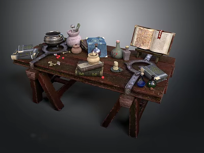 Wooden Table With Alchemy Tools Open Book Vials Scrolls And Magical Items 3d model