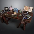 Wooden Table With Alchemy Tools Open Book Vials Scrolls And Magical Items