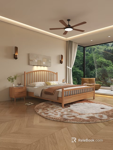 Modern Bedroom Interior Featuring Wooden Bed Nightstand Rug Large Window Green View And Wall Art 3d model 