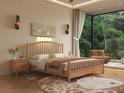 Modern Bedroom Interior Featuring Wooden Bed Nightstand Rug Large Window Green View And Wall Art 3d model