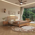 Modern Bedroom Interior Featuring Wooden Bed Nightstand Rug Large Window Green View And Wall Art