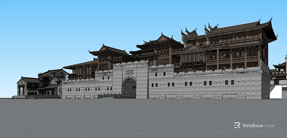 Ancient Chinese Architecture With Traditional Tile Roofs Stone Walls And Arched Gate 3d model 