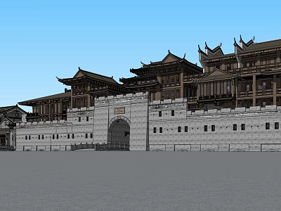 Ancient Chinese Architecture With Traditional Tile Roofs Stone Walls And Arched Gate 3d model