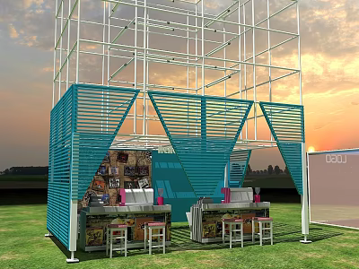 Outdoor Tea Break Area With Blue Lattice Design Bar Counter And Stools At Sunset 3d model