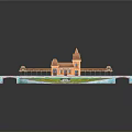 3D Model Castle Building With Bridge Green Lawn And Decorative Patterns
