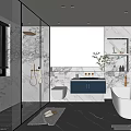 Elegant Modern Bathroom Interior With Marble Walls Glass Shower And White Bathtub