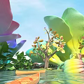 Colorful Cartoon Scene With Vibrant Flowers Water Rocks And Green Plants