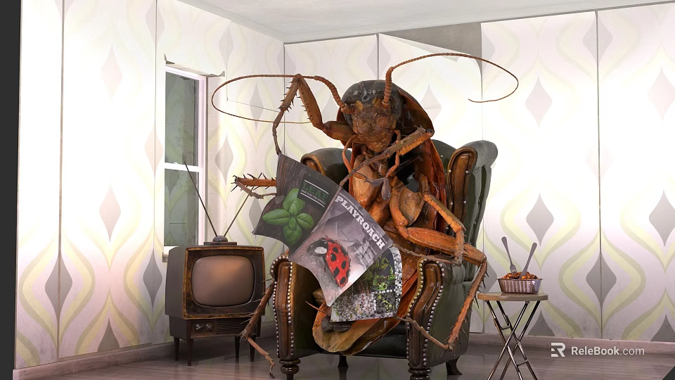Giant Cockroach Sitting On Chair Holding Magazine In Vintage TV Room 3d model 
