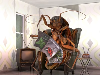 Giant Cockroach Sitting On Chair Holding Magazine In Vintage TV Room 3d model