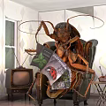 Giant Cockroach Sitting On Chair Holding Magazine In Vintage TV Room
