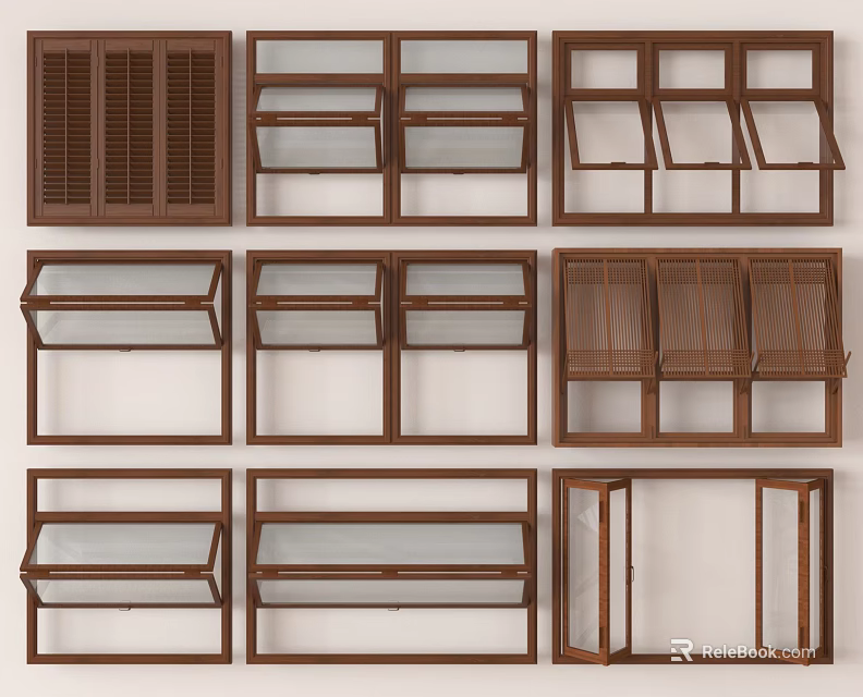 Various Styles Of Wooden Window Frames With Different Designs And Structures 3d model 