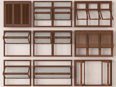 Various Styles Of Wooden Window Frames With Different Designs And Structures 3d model
