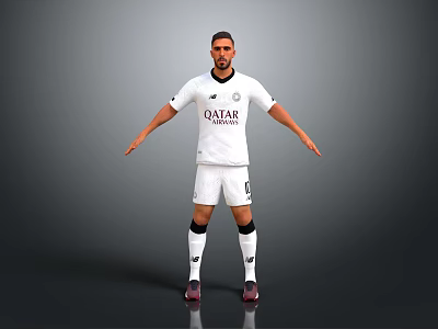 Man Wearing White Sports Uniform Featuring Qatar Logo and Number 20 Standing with Arms Outstretched 3d model