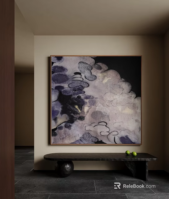 Abstract Oil Painting With Purple Gray Tones Dark Frame Wall Hanging Black Table Green Fruits 3d model 