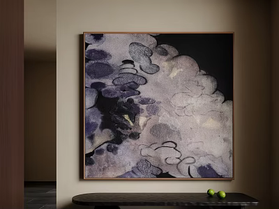 Abstract Oil Painting With Purple Gray Tones Dark Frame Wall Hanging Black Table Green Fruits 3d model