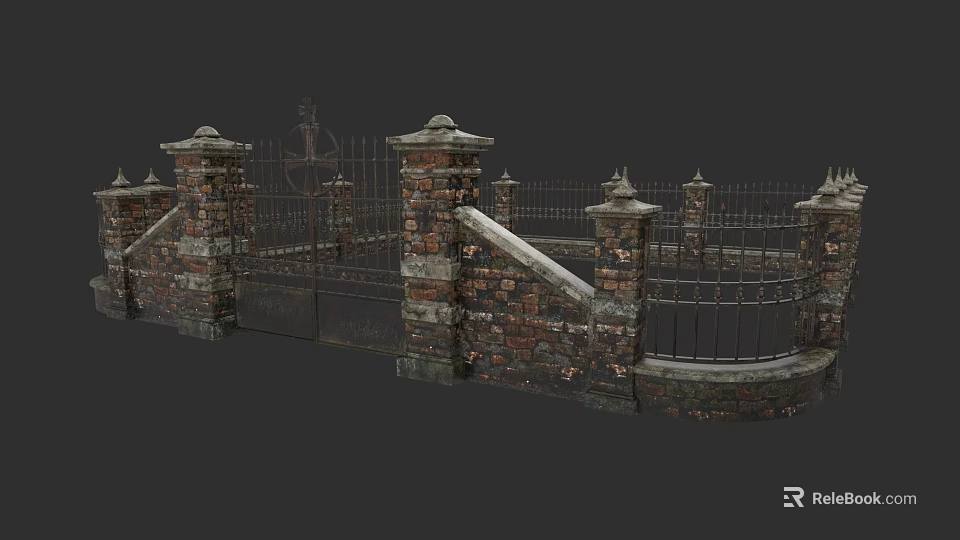 Vintage Garden Landscape With Brick Fence Iron Gate And Decorative Pillars 3d model 