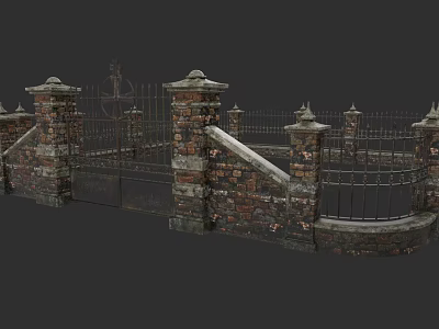 Vintage Garden Landscape With Brick Fence Iron Gate And Decorative Pillars 3d model