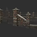 Vintage Garden Landscape With Brick Fence Iron Gate And Decorative Pillars