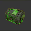 Sci Fi Landscape With Glowing Green Chest And Metallic Details In Dark Setting