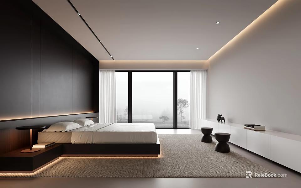 Modern Bedroom Interior Design With Platform Bed Large Window Area Rug And Ambient Lighting 3d model 