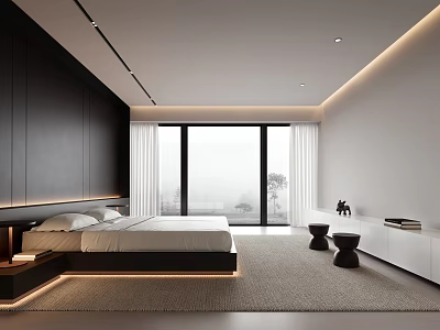 Modern Bedroom Interior Design With Platform Bed Large Window Area Rug And Ambient Lighting 3d model