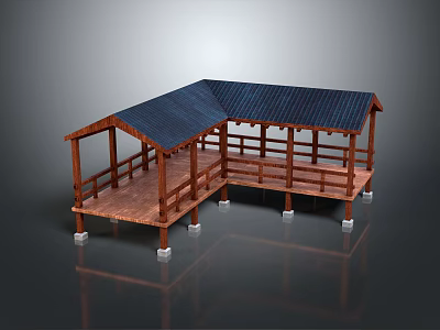 Garden Landscape Design Featuring Wooden Pavilion With Blue Roof Platform Railing And Support Pillars 3d model