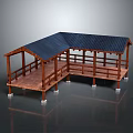 Garden Landscape Design Featuring Wooden Pavilion With Blue Roof Platform Railing And Support Pillars