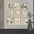 Chinese Ink Paintings Wall Decor In Modern Interior With Vase On Side Table