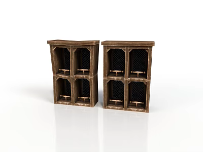 Double Brown Wooden Cabinets With Mesh Doors And Multi Layer Shelves 3d model