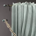 Elegant Light Green Curtains With Golden Curtain Rod And Chain Decoration On Dark Background