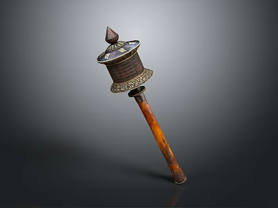 Traditional Prayer Wheel With Wooden Handle Metal Top And Intricate Carvings As Daily Living Essential 3d model