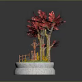 Miniature Garden Ornament Featuring Red Trees Small Pavilion And White Base Decoration