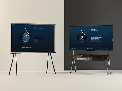 Two TVs on Tripod and Wheeled Stands Displaying Earth Image in Minimalist Room 3d model