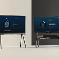 Two TVs on Tripod and Wheeled Stands Displaying Earth Image in Minimalist Room