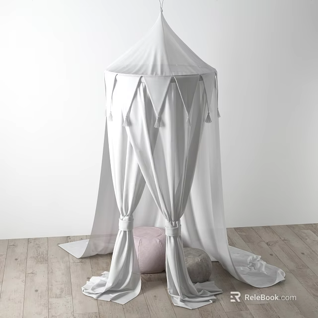 White Soft Flowy Fabric Bed Canopy With Draped Curtains And Pink Cushion On Wooden Floor 3d model 