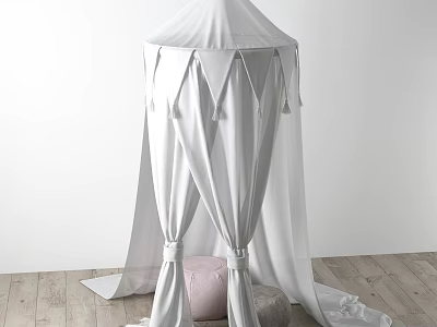 White Soft Flowy Fabric Bed Canopy With Draped Curtains And Pink Cushion On Wooden Floor 3d model