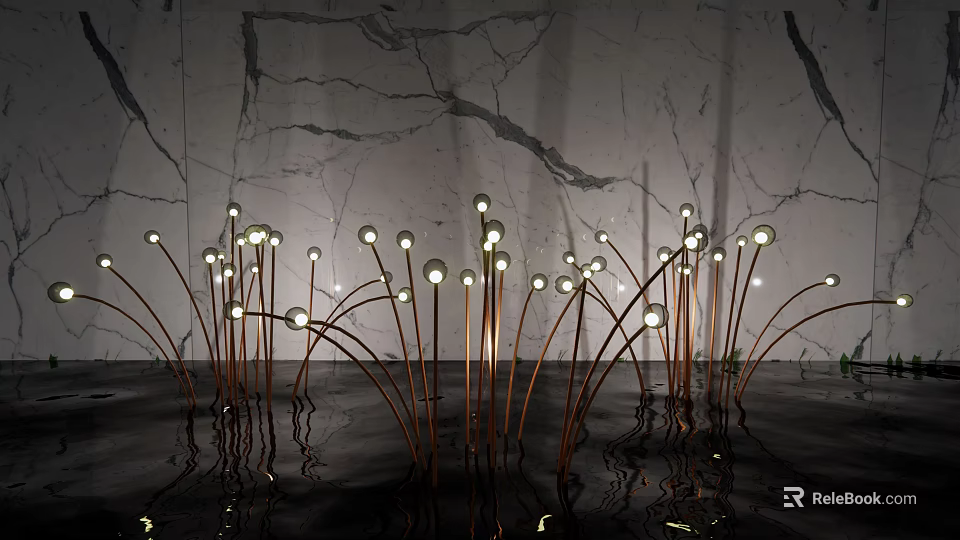 Illuminated Outdoor Lights With Grass like Copper Stems Round Bulbs And Marble Wall Reflections 3d model 
