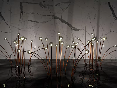 Illuminated Outdoor Lights With Grass like Copper Stems Round Bulbs And Marble Wall Reflections 3d model